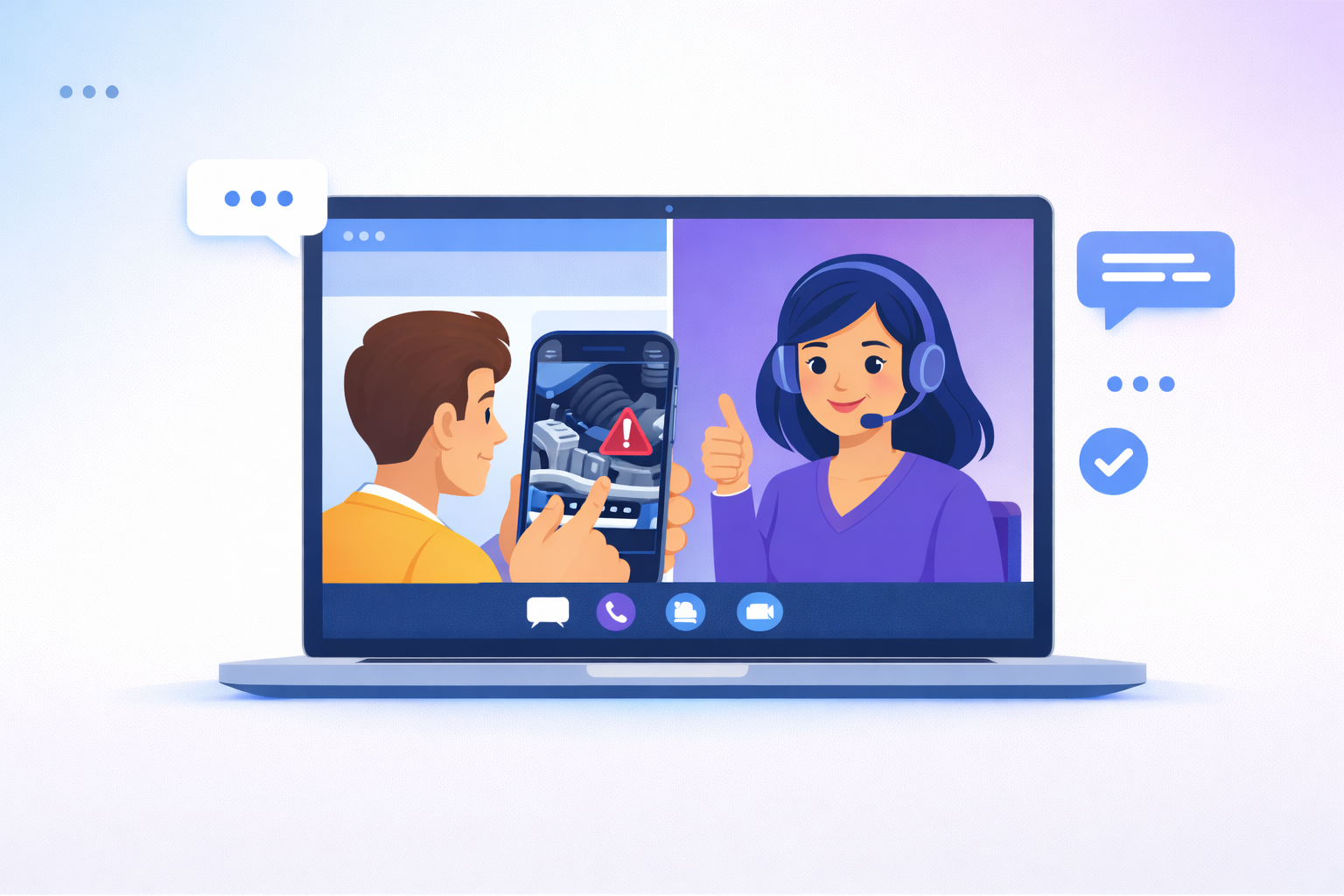 Video call interface showing customer and support representative connecting face-to-face